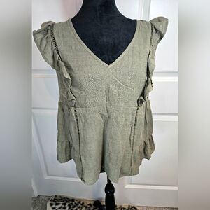 Ruffle Sleeve Boho Top With Peep Hole Back Olive